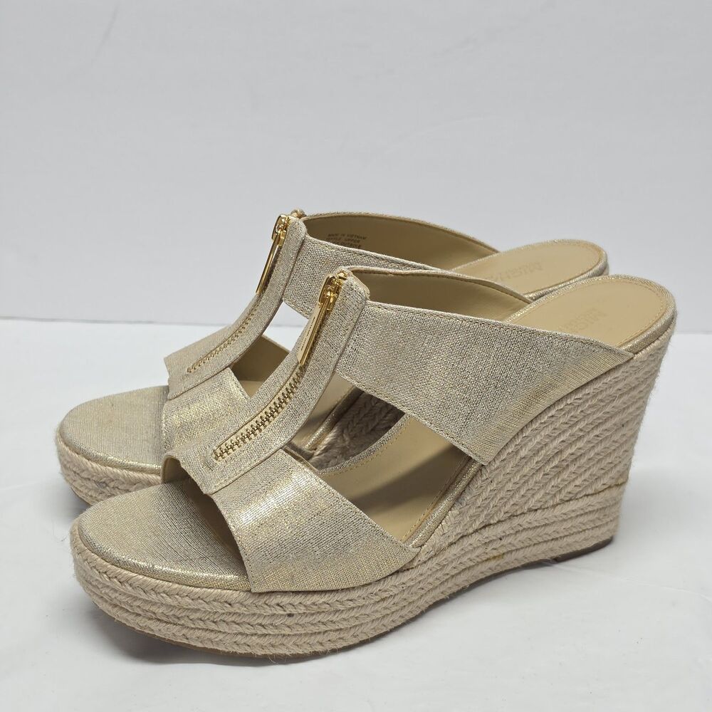 Michael Kors Bradley Canvas Wedge Pale Gold Metallic Sandal Women's Size 9.5 NEW